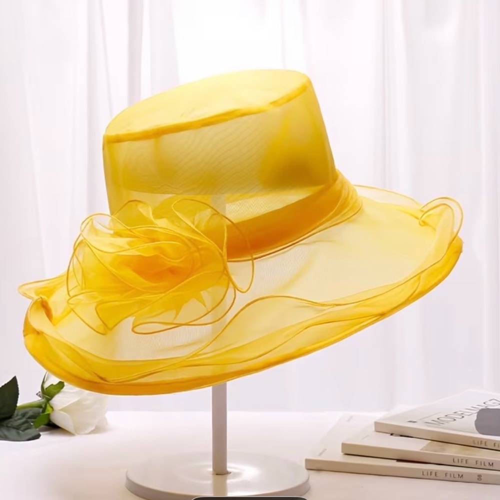 Women's Yellow Organza Wide-Brim Floral Occasion Hat